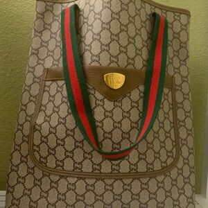 Gucci Beige GG Canvas Tote with Green & Red Sherry Straps